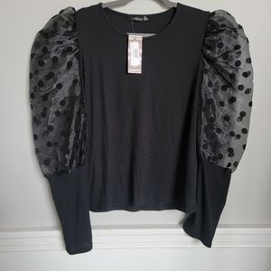 Boohoo black puff sleeve polka-dot print knit top